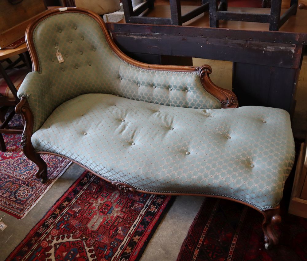 A Victorian carved walnut chaise longue, width 170cm, depth 75cm, height 90cm